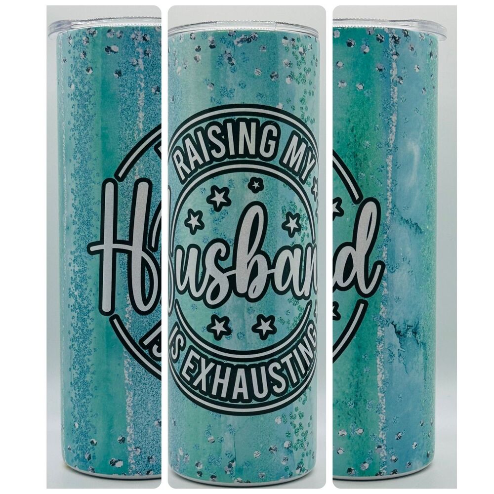 NEW "RAISING/HUSBAND" 20 oz. Stainless Steel Tumbler w/Straw Set & Silicone Tip